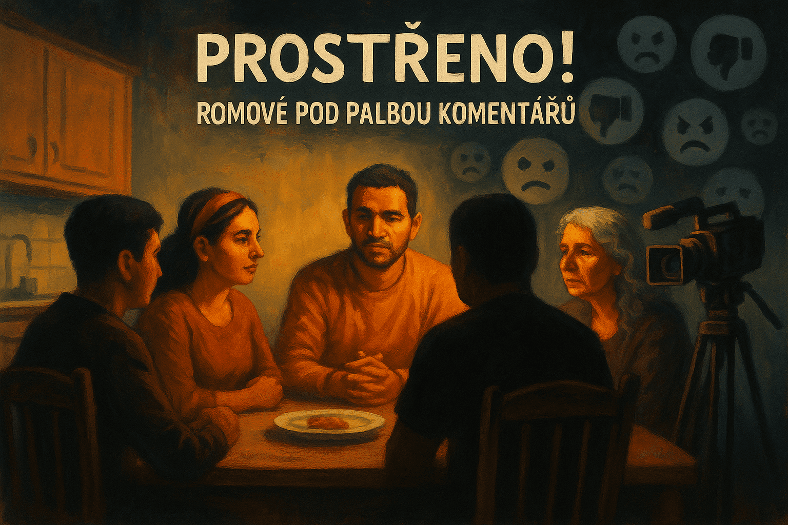 Romové u stolu v televizním pořadu, kamera a negativní komentáře v pozadí
